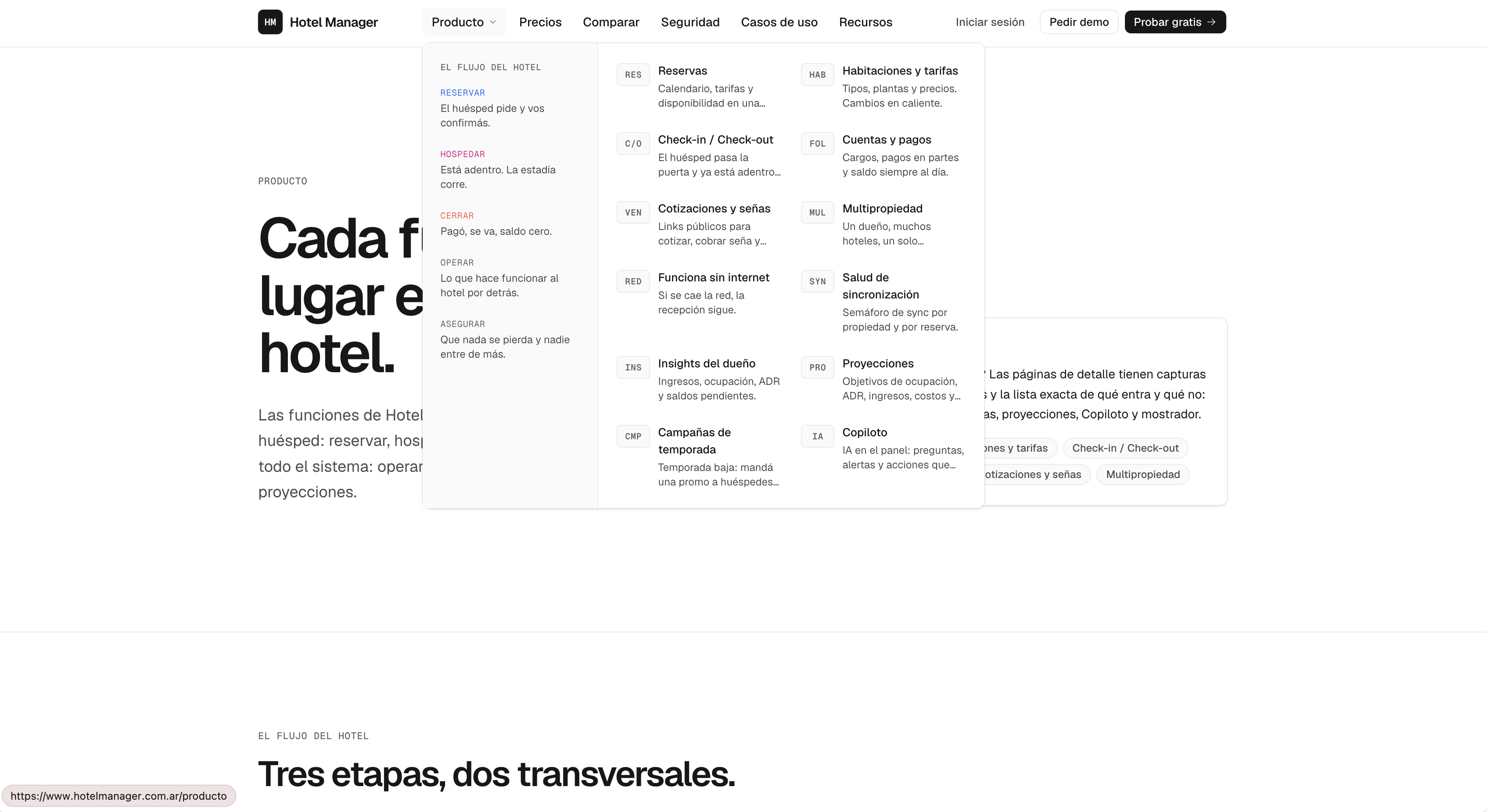 Menú de producto de Hotel Manager