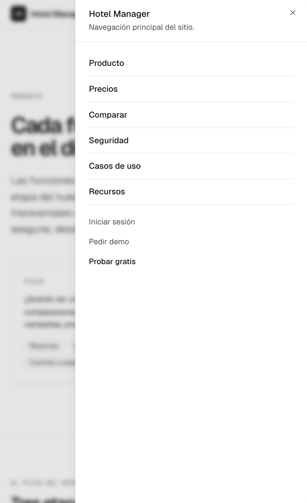 Menú responsive de Hotel Manager